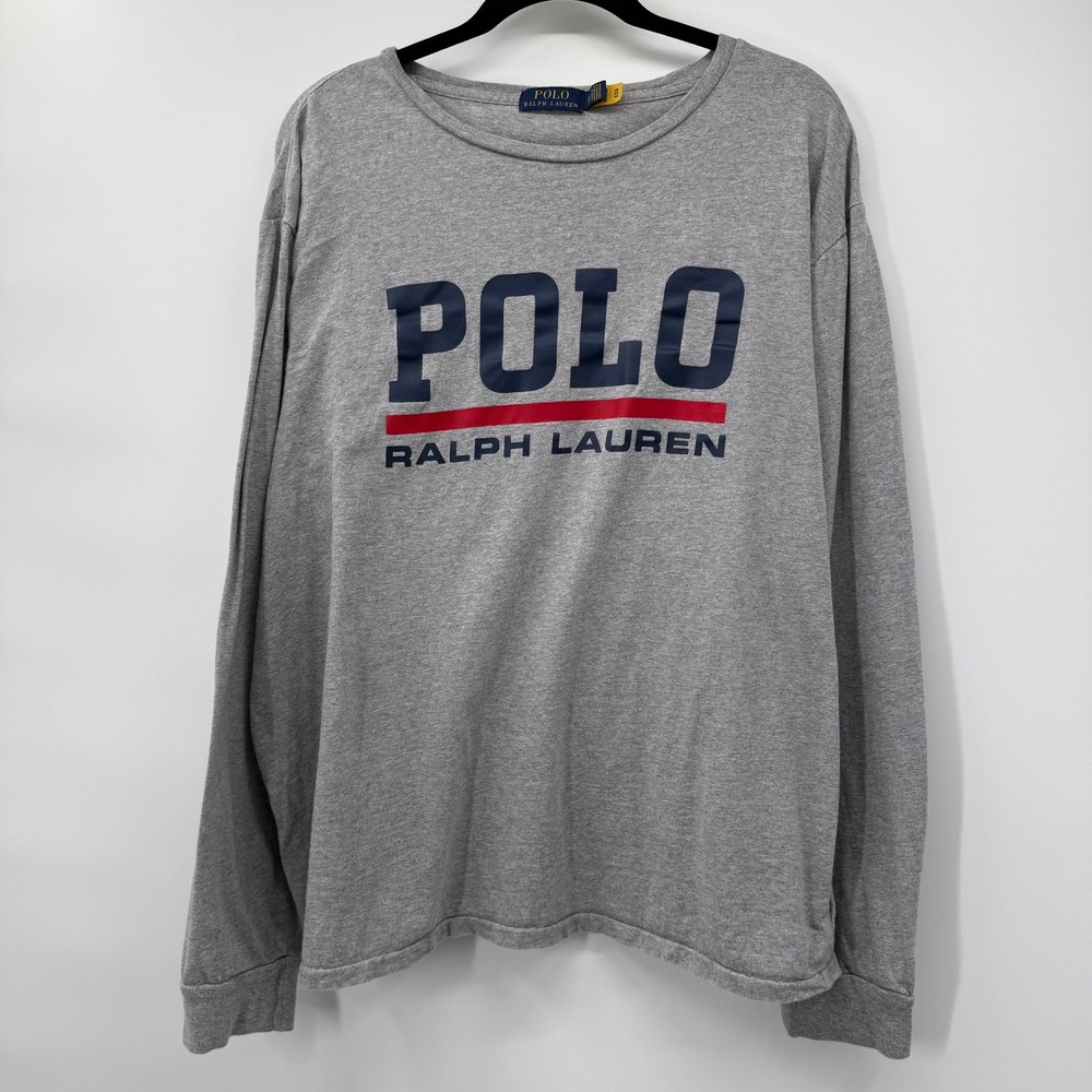 Polo Ralph Lauren Mens Size XL Long Sleeve Shirt Gray Logo Graphic Crew Neck
